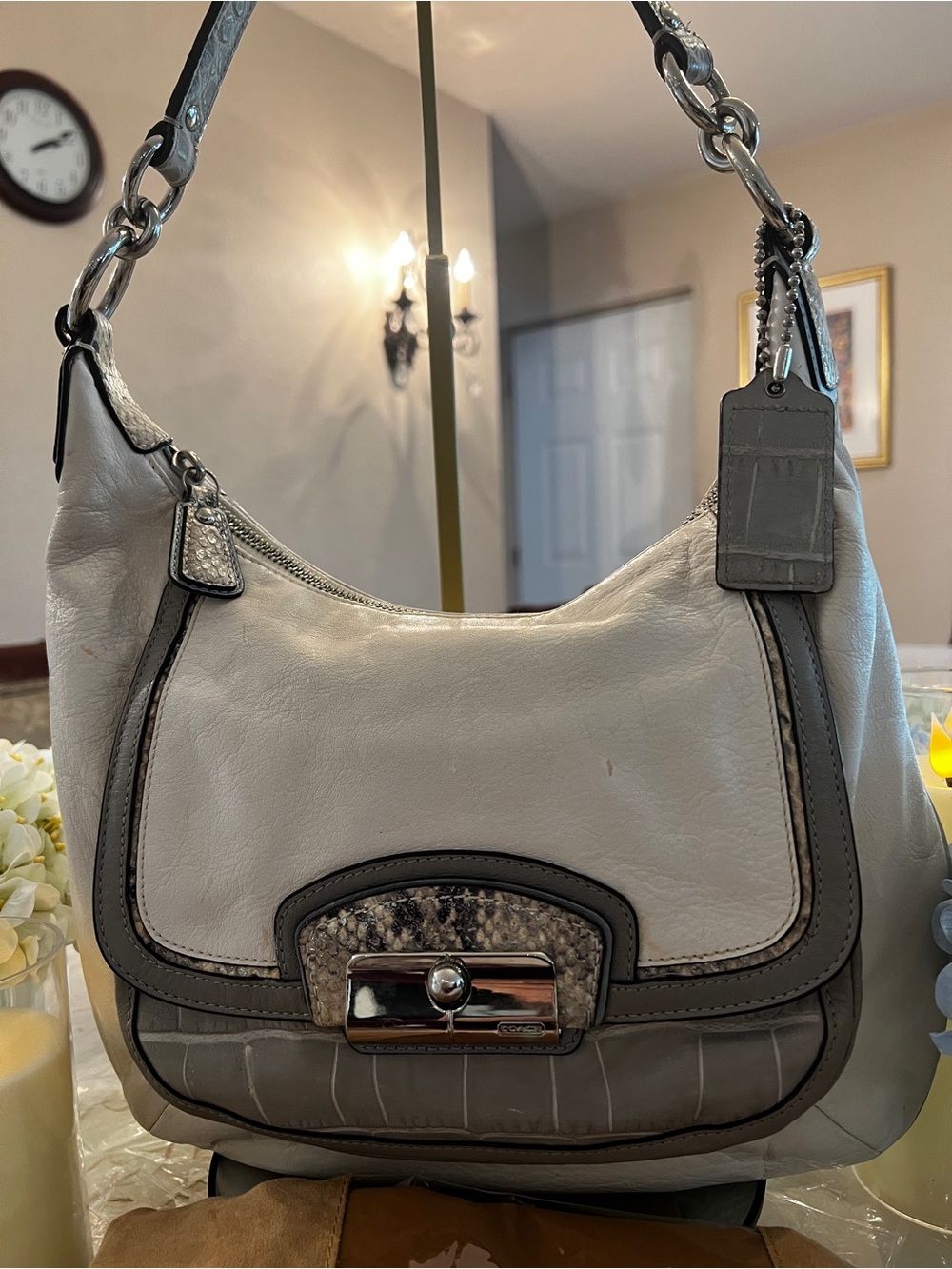 Coach Two-Tone White and Gray Leather Shoulder Bag with Snakeskin Detail